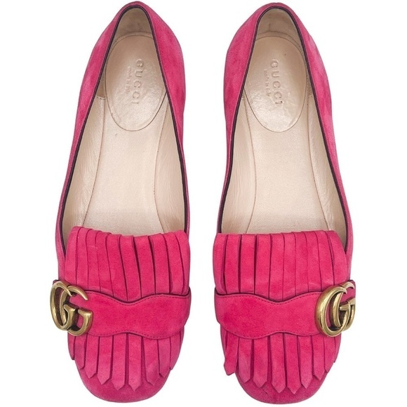 Gucci Kid Scamosciato GG Marmont Suede Fringe Flats Hot Pink 36.5 - Picture 2 of 9